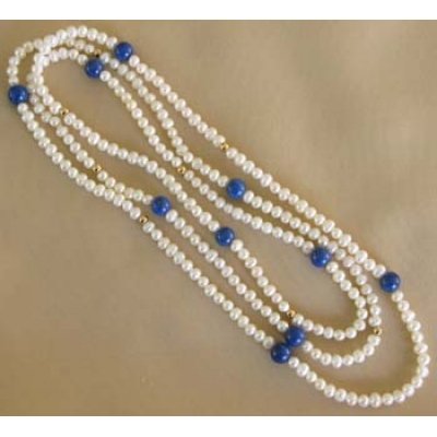 Necklace freshwaterpearl with lapis lazuli 90cm